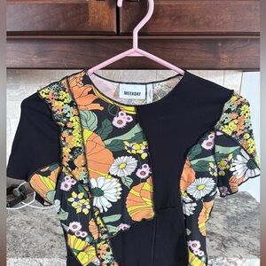 Weekday Floral Patchwork Crop Top in Black and Orange with Green Accents